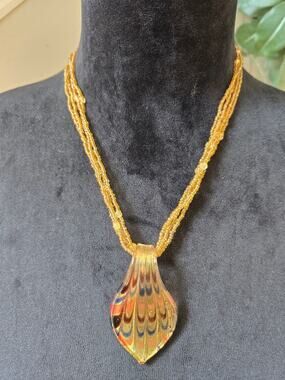 Gold Tone Multi Strand Beaded Necklace Enamel Pendant Boho Statement Jewelry
